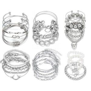 6 PACK (24 PCS) Boho Silver Chain Bracelets Set for Women, Bangles, Stackables
